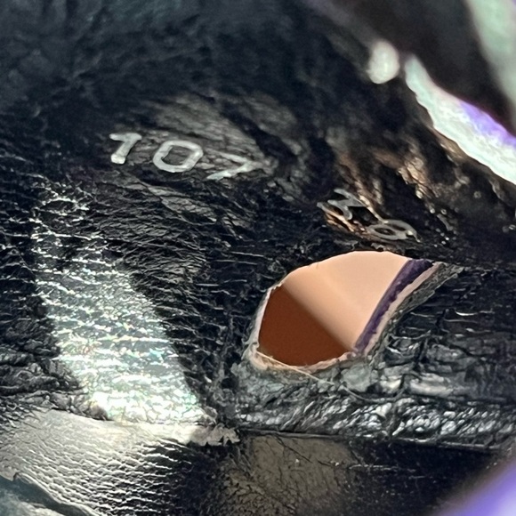 Max Azria Brie Black/Purple Combo Leather/Fur Strappy Peep Toe Heels Sz 38/7 GUC - Picture 9 of 16